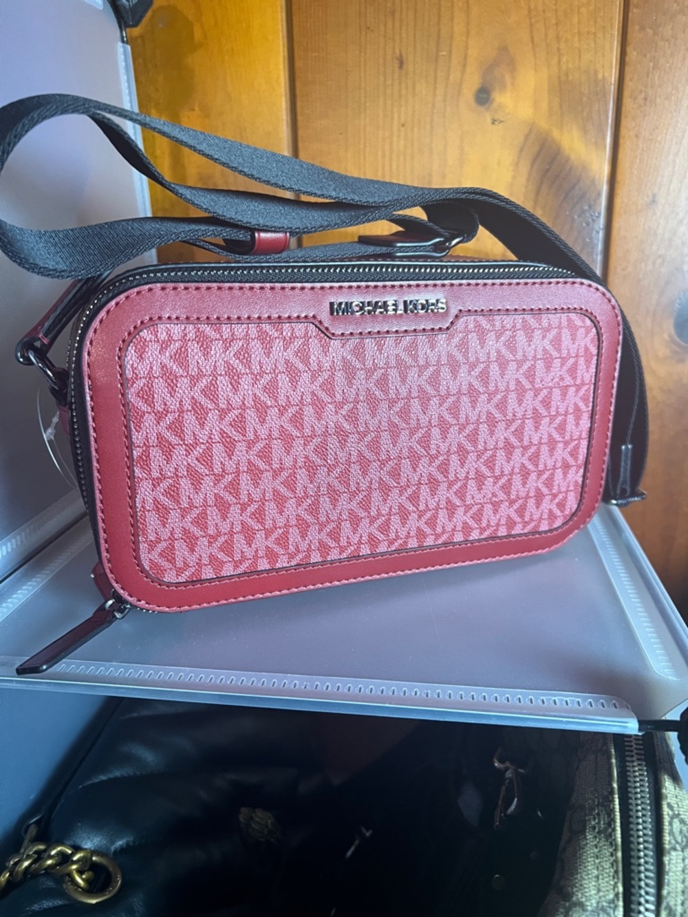 Michael Kors burgundy Monogram Camera Crossbody